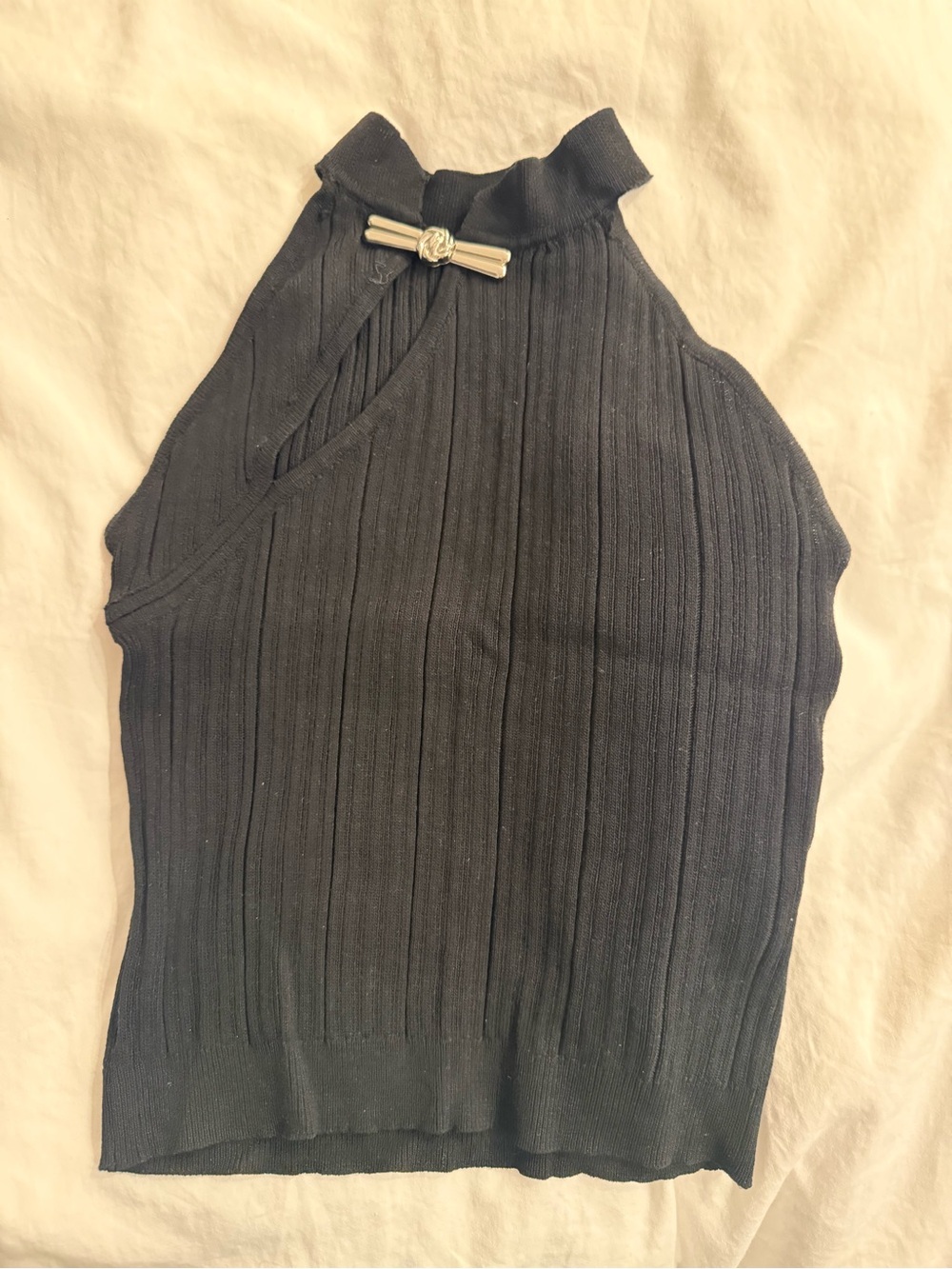 Black Ribbed Halter Knit Top with Chinese Pin